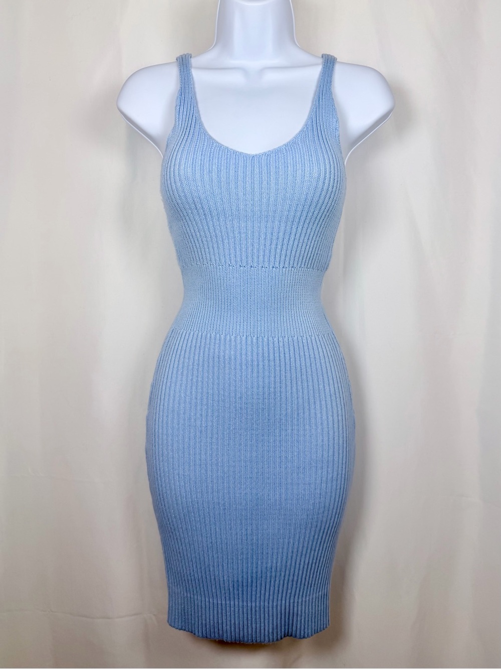 Ribbed Knit Bodycon Tank Midi Dress Sleeveless Stretch Light Blue - XS